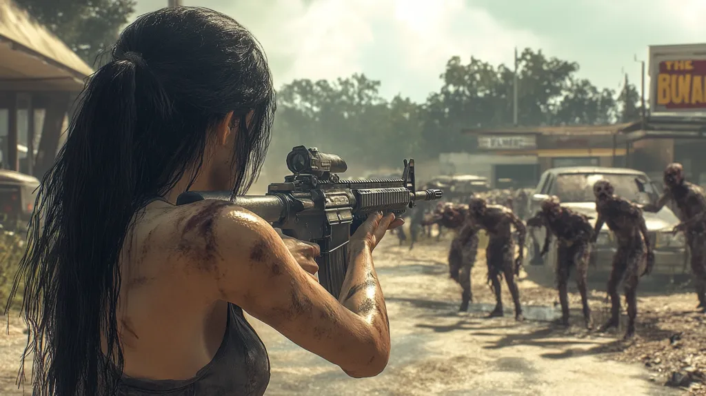 A woman with long dark hair, dirt smudged on her skin, aims an assault rifle at a horde of zombies shambling down a street.  The background features a damaged building and a pickup truck.  The scene depicts a post-apocalyptic setting, emphasizing survival against a zombie outbreak. The woman's focus is intense, highlighting the danger and urgency of the situation.