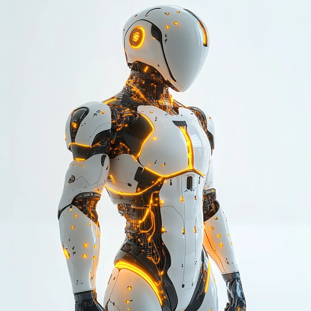 A sleek, humanoid robot stands against a white background. Its body is predominantly white, accented with black and vibrant orange glowing lines tracing internal circuitry.  The robot's helmet is smooth and white, also featuring the same orange accents.  The overall design suggests advanced technology and a futuristic aesthetic.