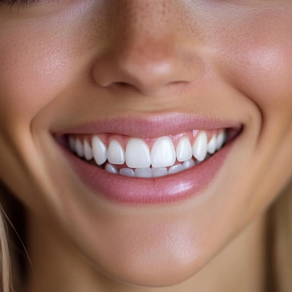 Close-up of a woman's mouth, showcasing a bright, healthy smile with perfectly aligned, white teeth.  Her lips are full and pink, and her skin is smooth with subtle freckles. The image emphasizes the beauty of a radiant smile and healthy dental hygiene.
