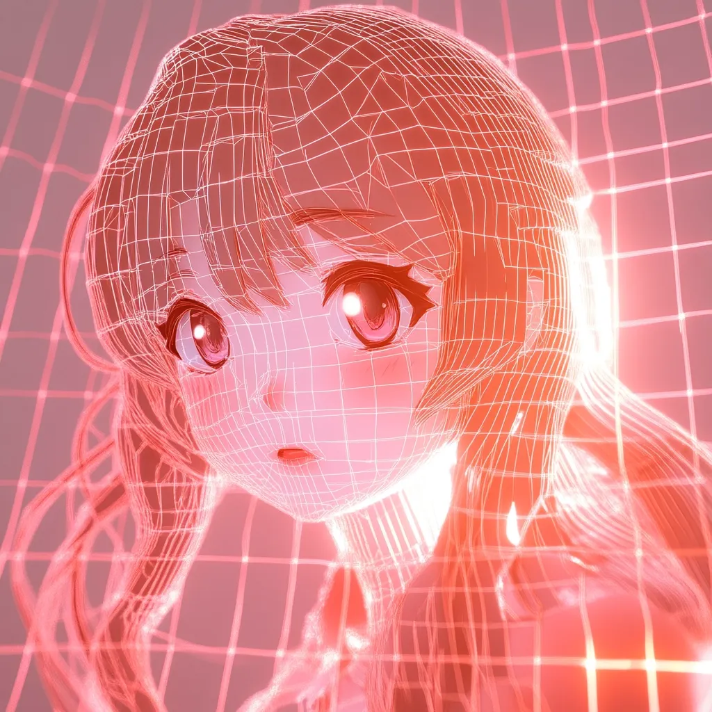 A digital rendering of an anime-style girl's head and shoulders.  Her features are rendered in a wireframe style, overlaid on a glowing pink grid.  The overall effect is ethereal and slightly melancholic, with her large eyes conveying a sense of pensive sadness.  The pink tones and grid create a futuristic, almost holographic feel.