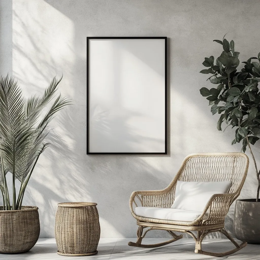 A minimalist room features a large blank frame on a textured wall, flanked by potted plants.  A light-colored wicker rocking chair with a white cushion sits to the right, and a woven side table is positioned to the left. Sunlight streams through a window, casting shadows on the wall. The overall aesthetic is calm and serene, emphasizing natural materials and muted tones.