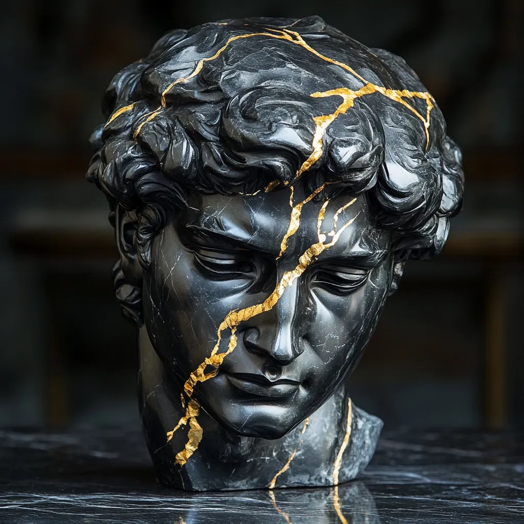 A black marble bust, reminiscent of classical sculpture, is dramatically accented with gold veins traversing its surface.  The meticulously carved features, including the flowing hair, express a pensive melancholy.  The contrast between the dark stone and the gilded cracks creates a striking visual effect, suggesting fragility and resilience simultaneously. The piece rests on a polished black surface, its reflection subtly mirroring the artwork.