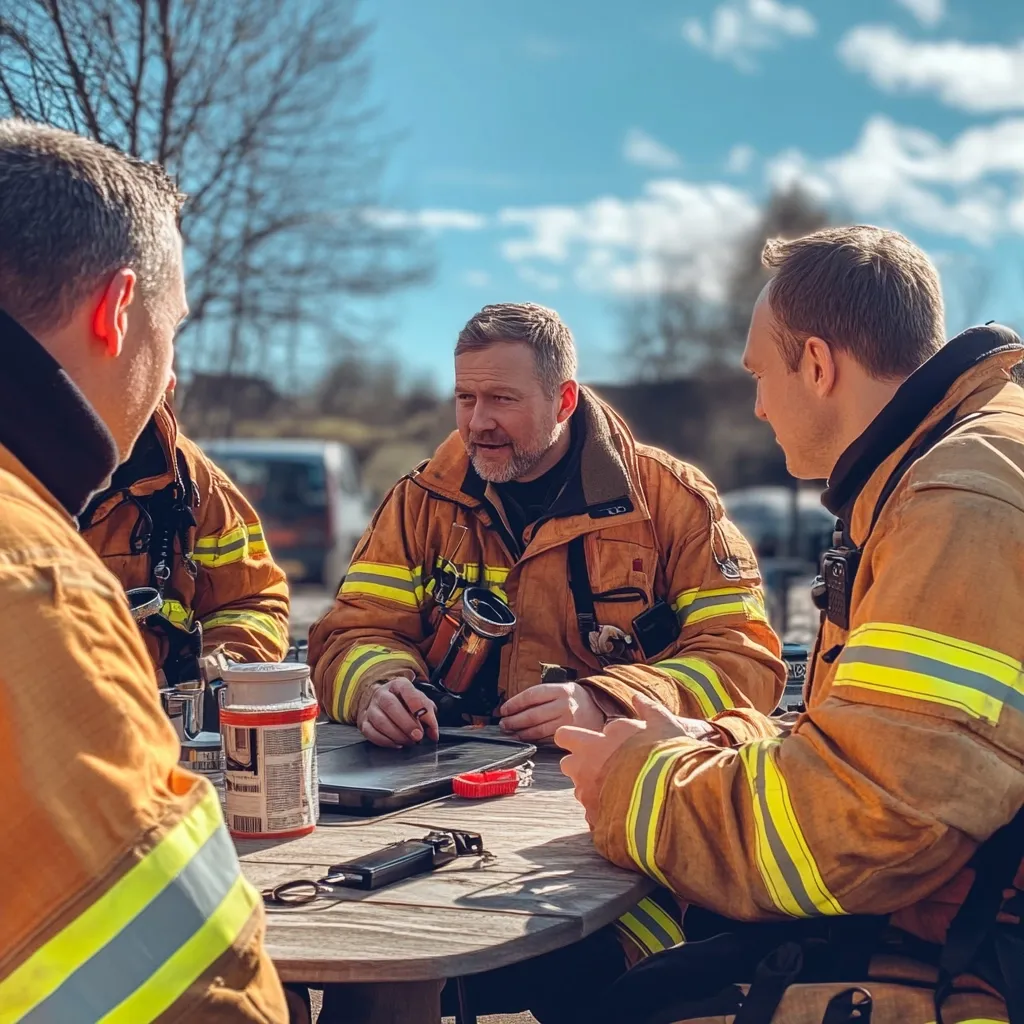 Three firefighters in orange uniforms are seated around a wooden table outdoors on a sunny day.  They appear to be in discussion, possibly reviewing information on a tablet.  The scene is relaxed and informal, suggesting a break or planning session.  The background shows trees and a glimpse of vehicles, indicating a location near a station or response area.