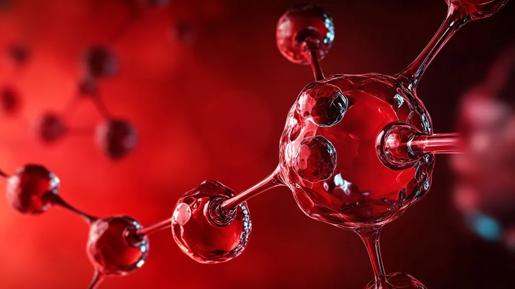 A close-up, stylized microscopic image showcases a complex molecular structure.  Red, translucent spheres are interconnected by slender tubes, creating a three-dimensional network. The background is a blurred, deep red, suggesting a cellular or biological context. The image evokes a sense of intricate biological processes at the molecular level.