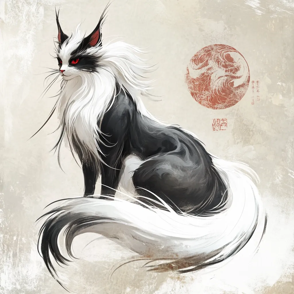 A striking digital painting showcases a fantastical feline.  Its long, flowing fur is predominantly black and white, with piercing red eyes. The cat sits with its elegant, sweeping tail forming a graceful arc.  A textured, red circular design in the background adds an air of Asian-inspired artistry, enhancing the creature's mystical quality. The style is painterly, with visible brushstrokes contributing to the artwork's ethereal feel.