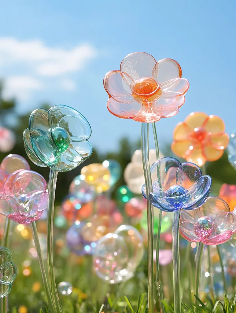 A field of delicate, glass flowers in pastel colors.  The flowers, with translucent petals and shimmering centers, stand on slender glass stems.  They are arranged amidst a blurred background of greenery, creating a whimsical, almost surreal, scene under a bright blue sky. The image evokes a sense of lightness and beauty.