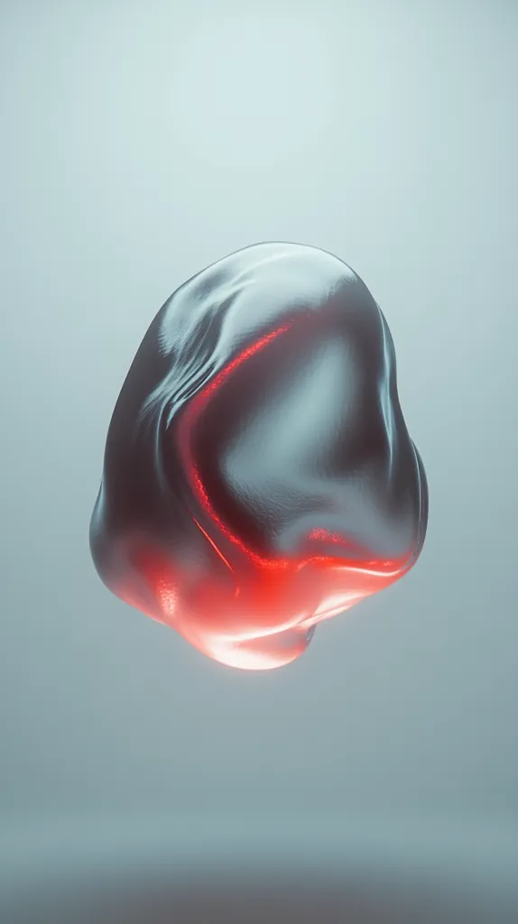 A 3D rendered image showcases an abstract, amorphous form.  The object is predominantly metallic silver, with subtle ripples and folds across its surface.  A warm, red-orange glow emanates from within, illuminating the contours and creating a striking contrast against the cool, gray exterior. The background is a muted, light blue-gray, providing a stark yet minimalist setting for the visually arresting shape.
