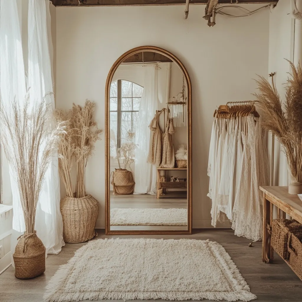 A light and airy room features a large arched gold mirror reflecting a neutral-toned space.  Dried pampas grass in woven baskets adds texture, flanking the mirror. A clothing rack displays delicate, off-white dresses, and a fluffy rug anchors the scene.  The overall aesthetic is bohemian and elegant, with a soft, muted color palette.  Natural light streams in from a large window, enhancing the peaceful ambiance.