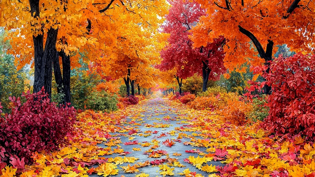 A picturesque autumn scene unfolds along a tree-lined path. Vibrant orange, red, and yellow leaves blanket the ground, creating a colorful carpet.  Mature trees in full autumn foliage create a natural archway overhead. The scene evokes a sense of warmth and tranquility, perfectly capturing the beauty of the fall season.