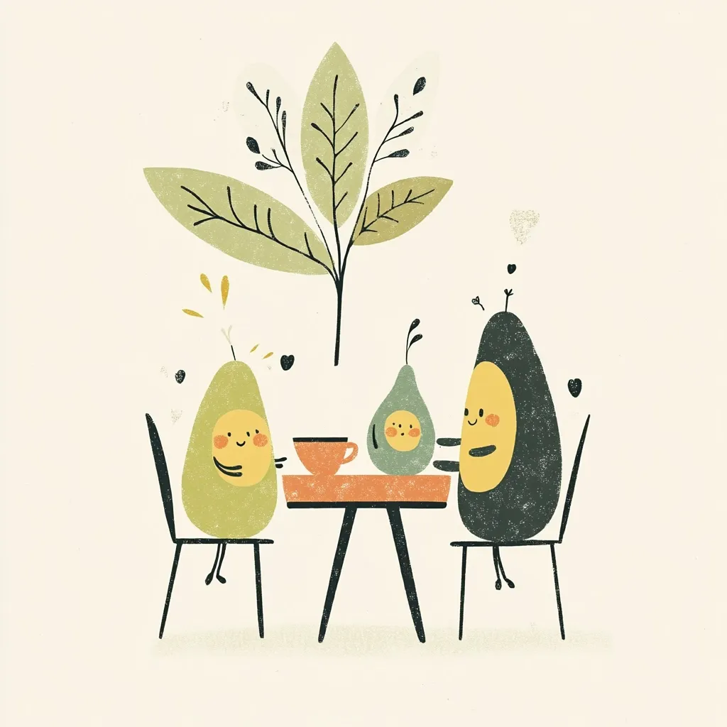A charming illustration depicts three anthropomorphic avocados enjoying tea at a small table.  Two larger avocados, one light green and one darker, sit on chairs, a smaller pear-shaped avocado sits between them.  A simple leafy plant is in the background.  The scene is peaceful and evokes feelings of warmth and friendship.  The style is minimalist with a muted color palette.