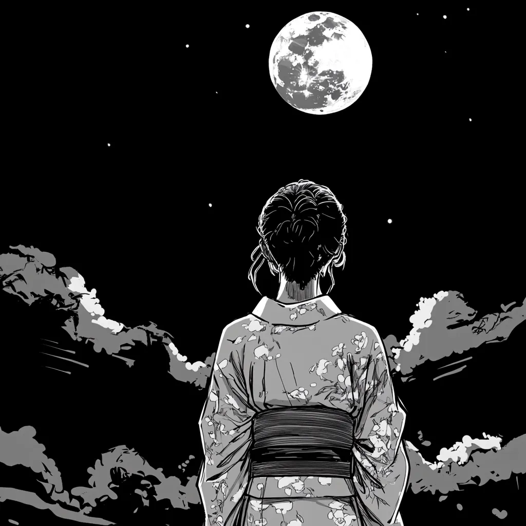 A woman, dressed in a traditional Japanese kimono adorned with floral patterns, stands with her back to the viewer, gazing up at a large, full moon in a night sky.  The scene is rendered in stark black and white, with dramatic clouds and a few scattered stars adding to the atmospheric mood. The image evokes a sense of serenity and contemplation under the moonlight.