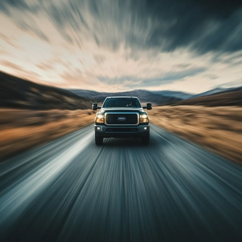 A dark gray Ford F-Series Super Duty pickup truck speeds down a highway.  The motion blur emphasizes the truck's velocity against a backdrop of a dramatic, sunset-lit landscape.  Rolling hills and a cloudy sky provide a contrast to the sharp lines of the vehicle.  The overall image conveys a sense of power and freedom.