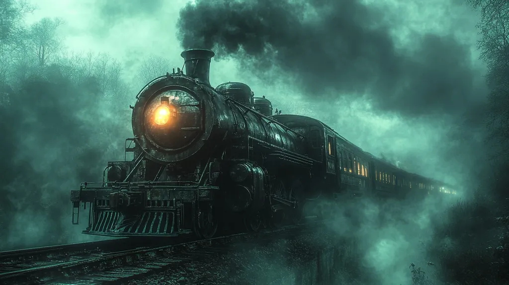 A dark, ominous steam train chugs through a misty, forested landscape.  The locomotive's headlight glows brightly, cutting through the eerie green fog that shrouds the tracks.  The train's aged, weathered appearance adds to the mysterious and slightly unsettling atmosphere of the scene.  The overall mood is one of suspense and otherworldly intrigue.