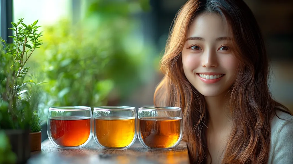 A young woman with long brown hair smiles warmly at the camera.  Three double-walled glass cups containing different shades of tea sit on a wooden surface in front of her. Lush green plants are visible in the blurred background, creating a serene and calming atmosphere.  The image evokes a feeling of tranquility and relaxation.
