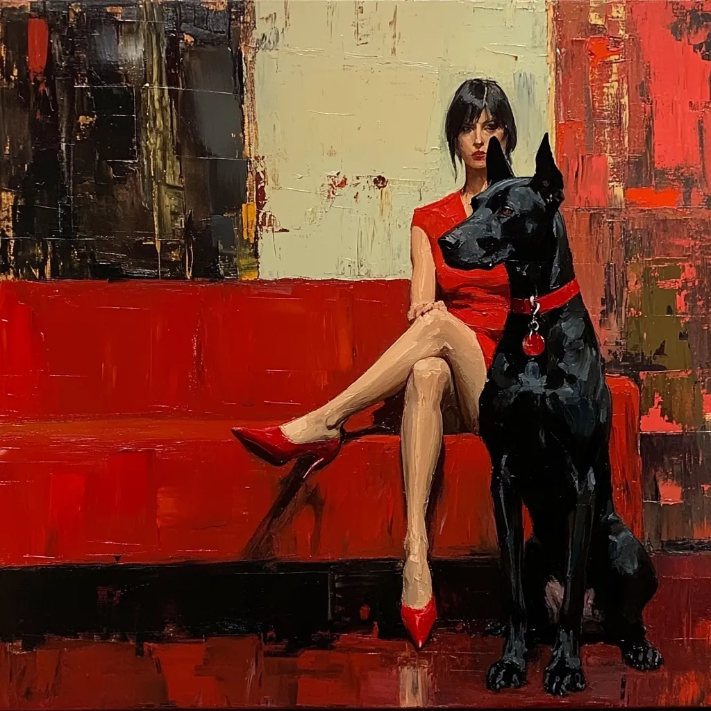 A woman in a red dress and red high heels sits on a red couch beside a large black dog.  The woman has dark hair and a serious expression. The dog is alert and sits calmly next to her. The painting style is expressive and textural, with visible brushstrokes. The background features abstract blocks of color in muted tones and reds. The overall mood is one of quiet contemplation.