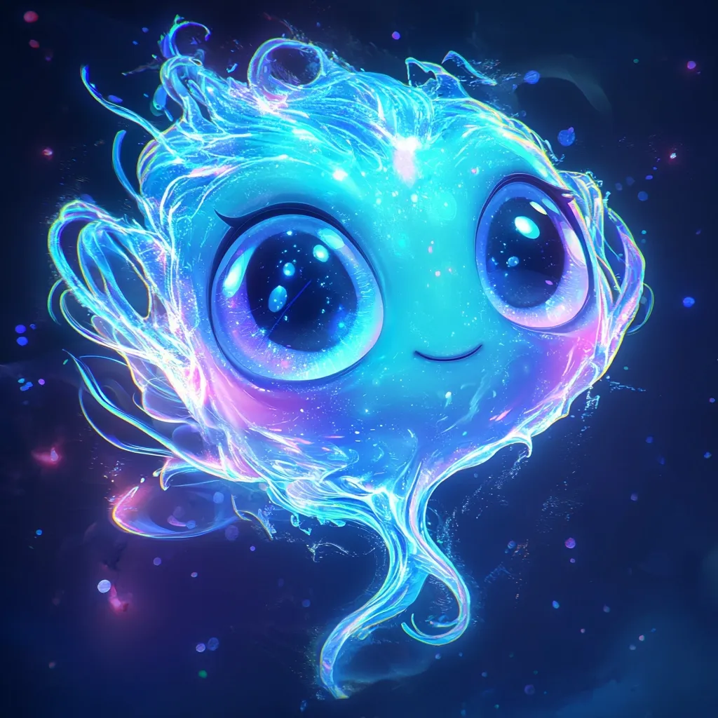 A vibrant, ethereal creature floats in a dark space.  Its body is a luminous blue, resembling glowing plasma, with large, expressive eyes.  Intricate, flowing tendrils extend from its form, adding to its otherworldly appearance.  Specks of light and color dance around it, enhancing the magical and whimsical quality of the artwork.  The overall effect is one of captivating beauty and playful energy.