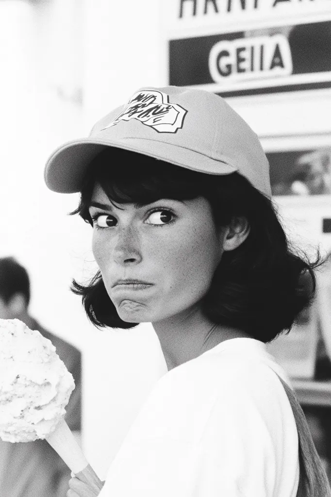 A black and white, close-up shot of a young woman wearing a light-colored baseball cap with an illegible logo. Her expression is serious, almost sullen.  She's holding a large ice cream cone.  A blurred background suggests an outdoor setting, possibly a fair or market, with a partially visible sign.  The overall mood is contemplative and slightly melancholic.