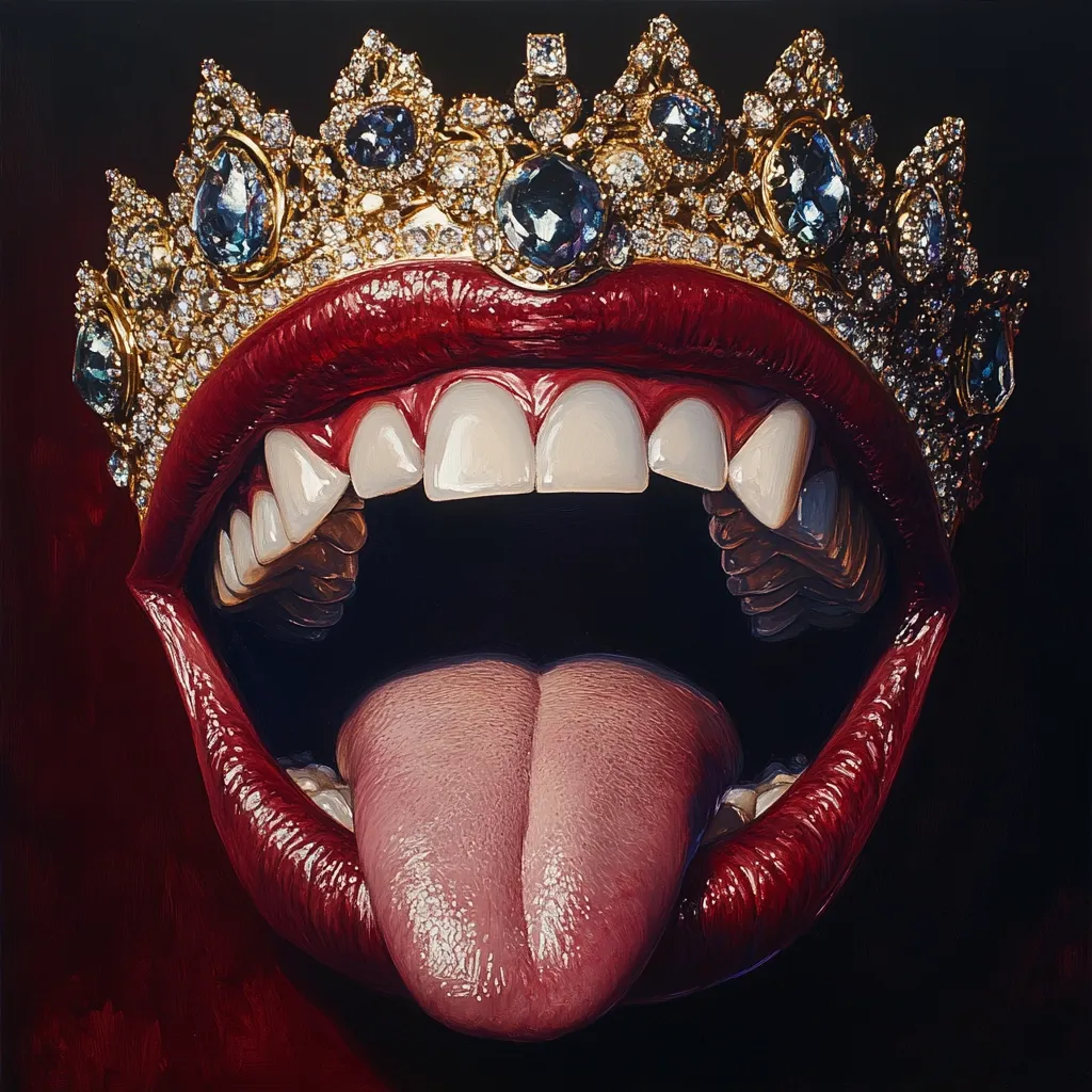 A hyperrealistic painting depicts a wide-open mouth with crimson lips and prominent, slightly pointed teeth.  Atop the mouth sits a large, ornate gold crown studded with numerous sparkling, dark blue gems and smaller diamonds. The tongue is extended, adding to the dramatic and intense expression. The overall style is bold and striking, showcasing meticulous detail and vibrant color.