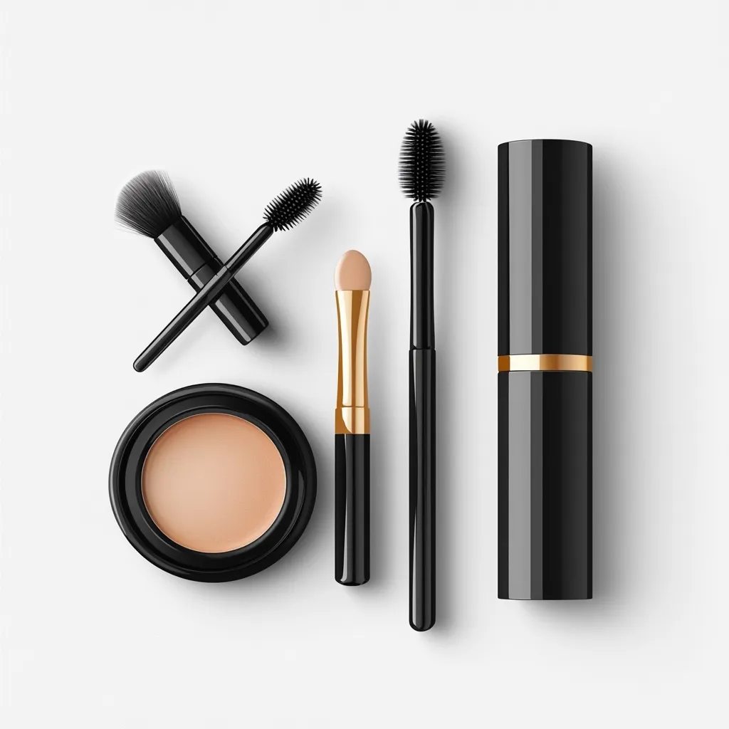 A collection of elegant black makeup tools and a container of concealer are arranged on a white background.  The set includes two angled brushes, a concealer brush, a mascara wand, and a compact of light beige concealer.  All the items feature black handles and gold accents, creating a sophisticated and cohesive look.