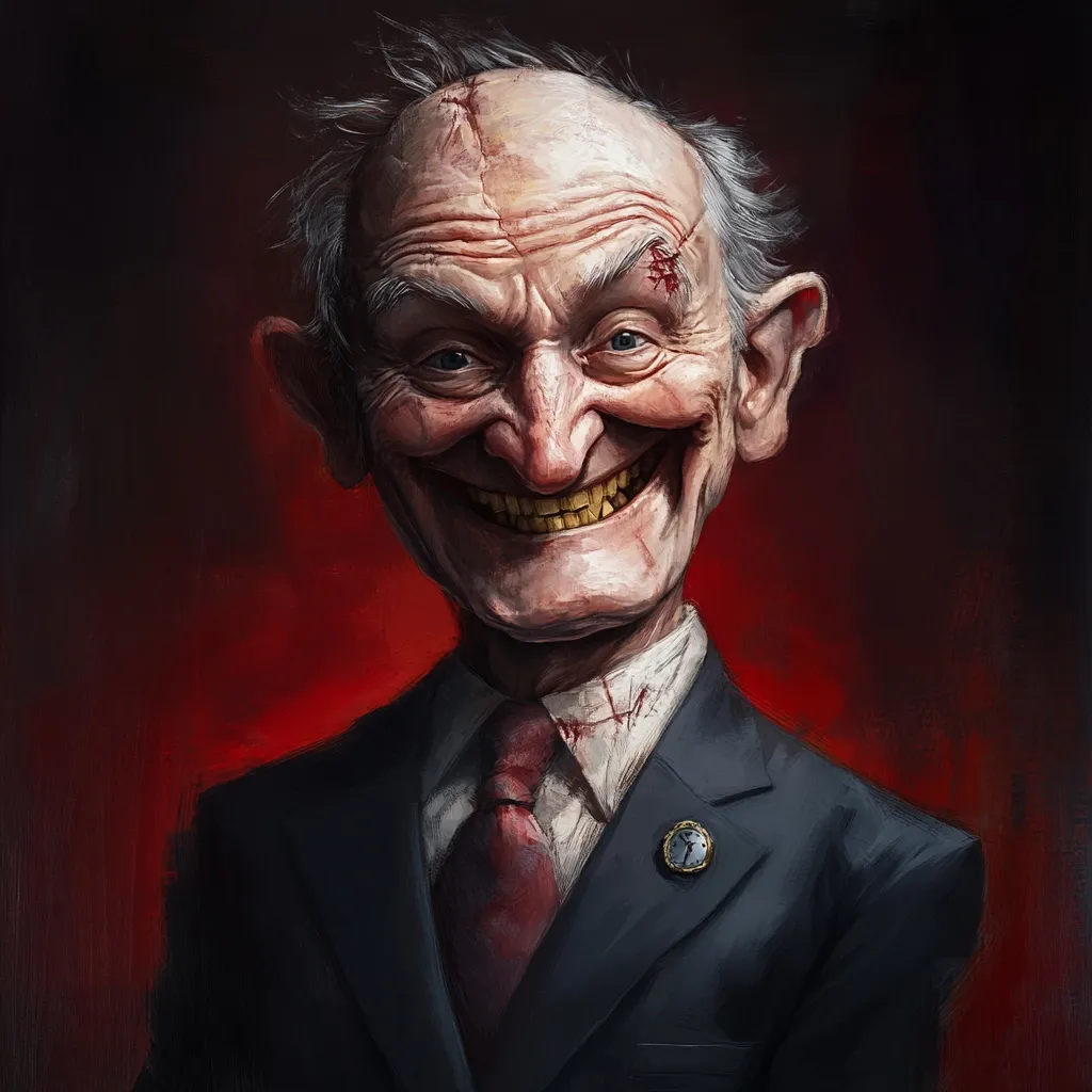 A digital painting depicts a caricature of an elderly, sinister-looking man.  He has a wide, unsettling grin revealing yellowed teeth, and his face is marked with scars and wrinkles.  He wears a dark suit and a dark red tie, adding to his unsettlingly formal appearance. The background is a dark, reddish hue, emphasizing the subject's unsettling expression and the overall dark mood.