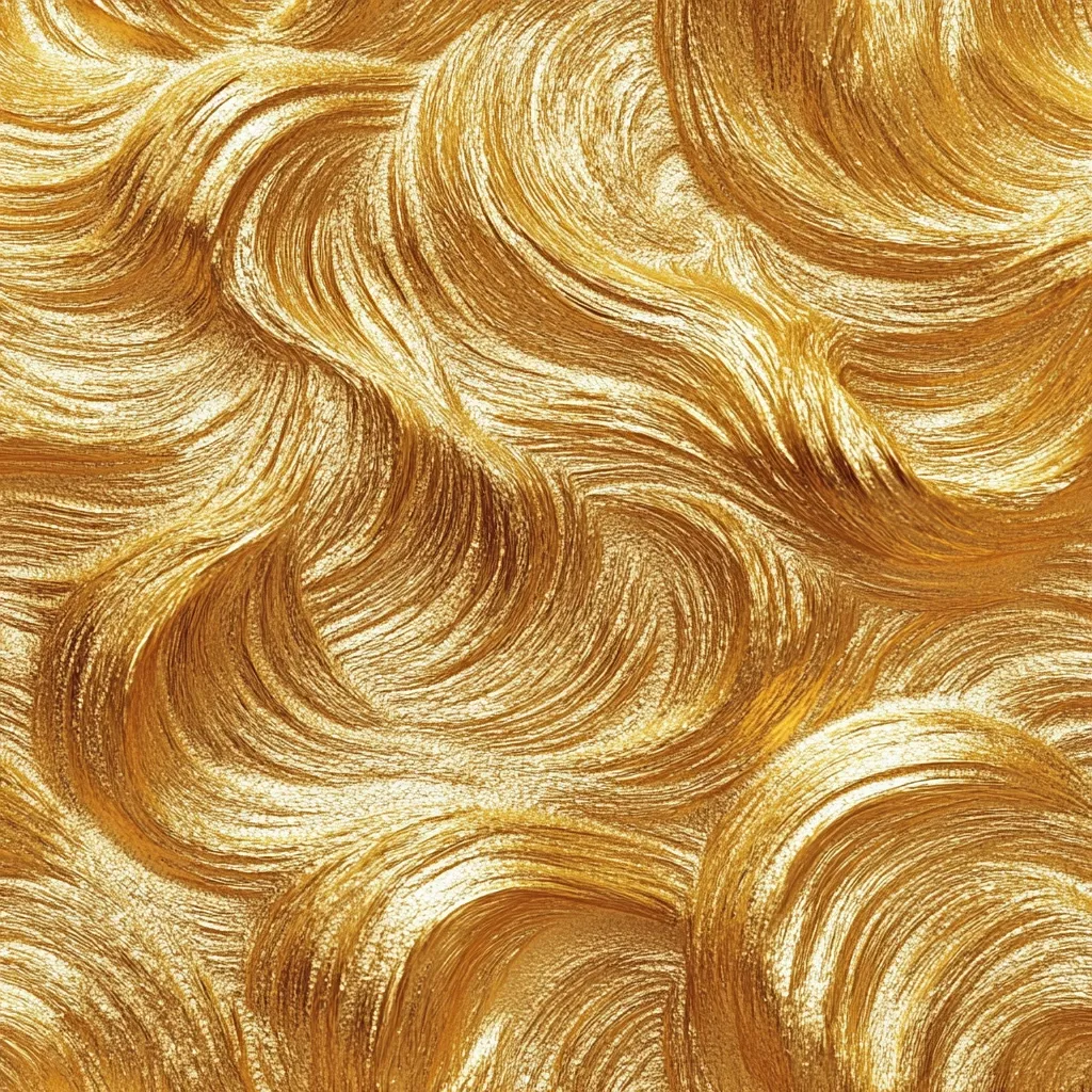 A captivating image showcasing a luxurious, swirling texture resembling molten gold.  The abstract design features flowing, brushed strokes creating a sense of depth and movement.  The rich, golden hue and glossy sheen evoke a feeling of opulence and richness.  The pattern is seamless and could be used as a background or design element.