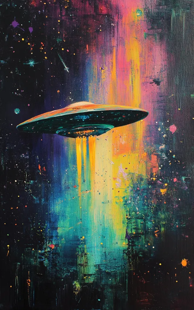 A vibrant abstract painting depicts a UFO descending through a cosmic landscape.  The spacecraft is rendered realistically against a backdrop of bold, expressive brushstrokes in shades of teal, orange, and purple, suggesting a nebula or star field.  Specks of paint mimic distant stars, creating a dynamic and energetic composition.  The overall effect is psychedelic and otherworldly.