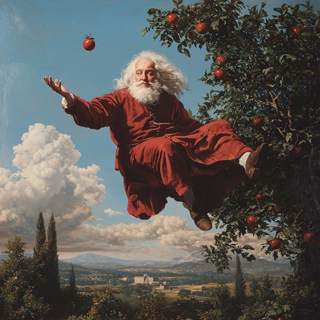 A long-haired, bearded man in a flowing red robe levitates amidst a landscape. He's playfully tossing an apple, near an apple tree laden with fruit.  The background reveals a picturesque valley with a distant castle, under a bright, partly cloudy sky. The scene evokes a mystical or allegorical feeling, possibly referencing themes of paradise or transcendence.
