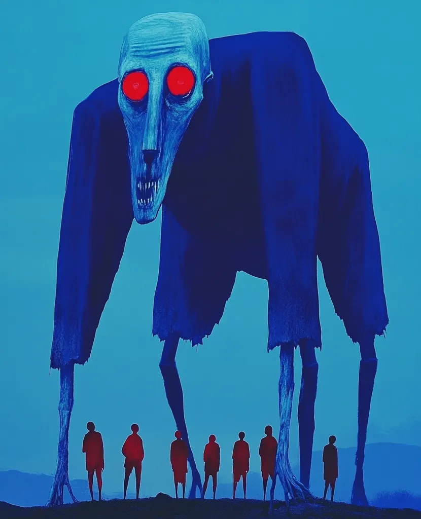 A towering, monstrous figure looms over a group of small, silhouetted humans.  The creature is depicted in shades of blue, with a gaunt, elongated head and bright red eyes. Its long, spindly legs suggest unnatural proportions.  The overall color palette and style create a surreal and unsettling atmosphere, hinting at a feeling of dread and vulnerability. The scene is set against a simple, pale blue sky.