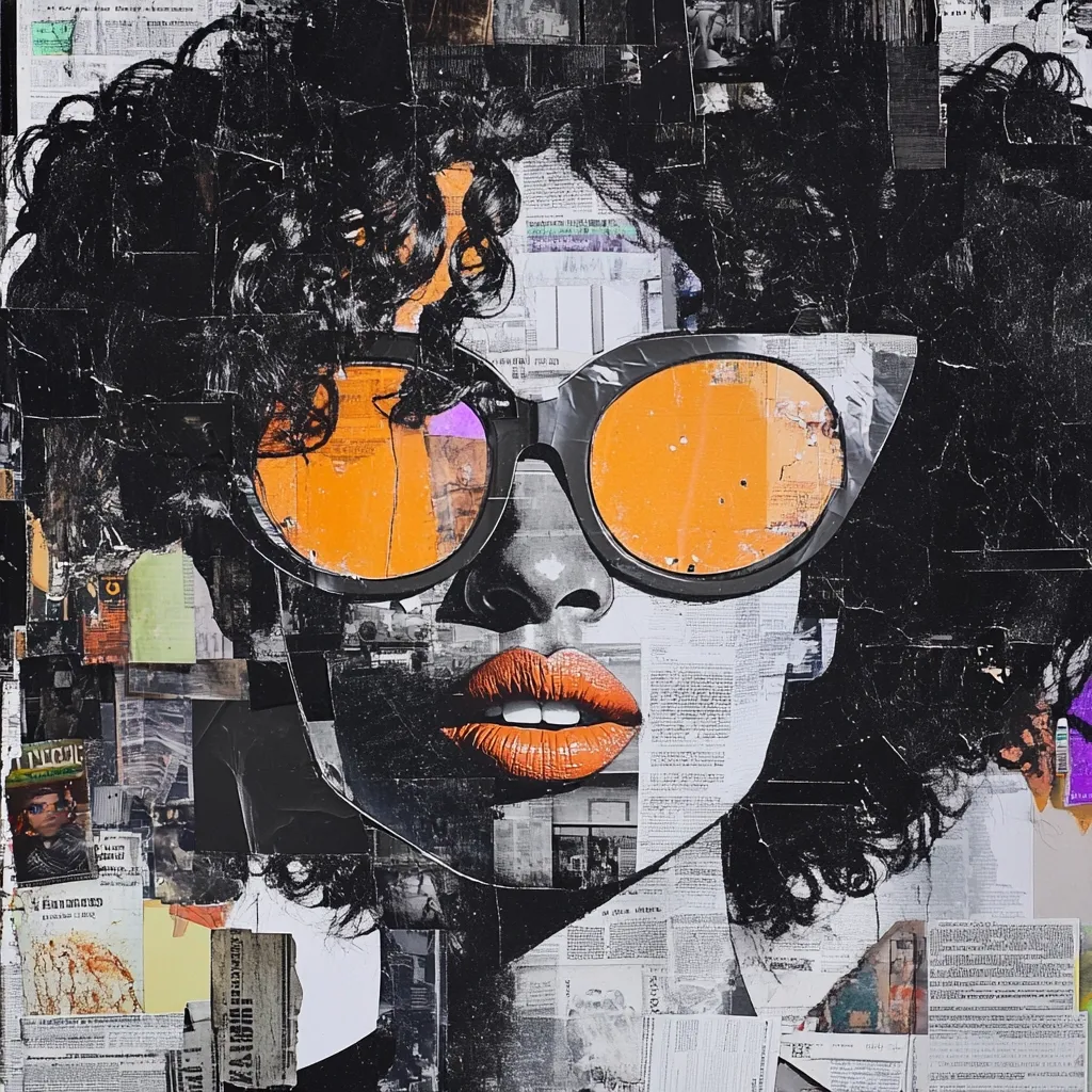 A vibrant collage portrait of a woman with large, orange-lensed sunglasses. Her voluminous, dark afro is a prominent feature, framed by a multitude of newspaper clippings and fragments of images.  The collage style creates a textured and layered effect, emphasizing her bold expression and vibrant style.  The orange of her sunglasses and lips contrasts against the black and white tones of the background.