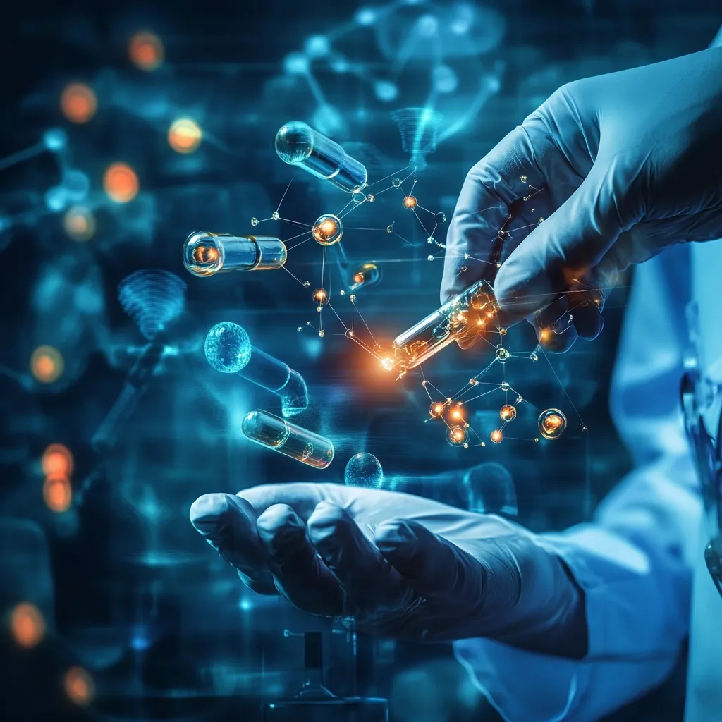 A scientist's gloved hands manipulate a glowing test tube, surrounded by a holographic network of capsules and molecules.  The image evokes cutting-edge pharmaceutical research and development, highlighting the intricate connections within biological systems.  The vibrant blue and orange hues emphasize the technological and scientific nature of the scene, suggesting innovation in medicine or biotechnology.