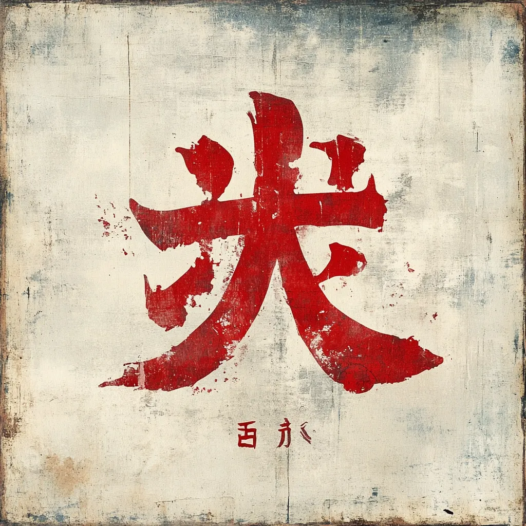 A large, red kanji character dominates a textured, off-white background.  The character appears hand-painted, with a rough, slightly distressed appearance. Smaller, lighter-colored characters are visible below the main symbol, adding to the artwork's aged and artistic feel. The overall aesthetic is reminiscent of traditional Asian calligraphy with a modern, grunge twist.
