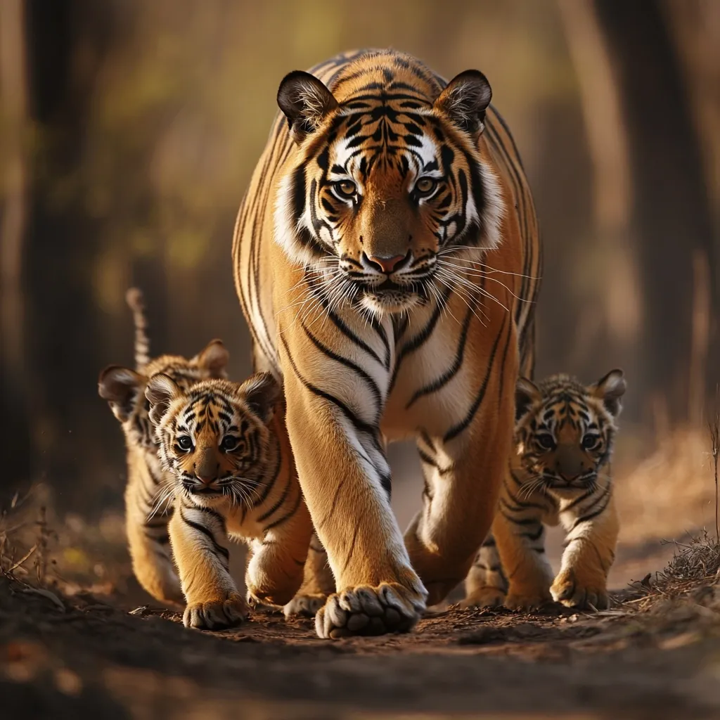 A majestic tiger mother leads her two cubs along a forest path.  The cubs, small and adorable, follow closely behind their powerful parent.  The warm, golden light enhances the tigers' orange and black stripes, creating a striking image of wild beauty and familial connection.  The scene evokes a sense of both vulnerability and strength in the wild.