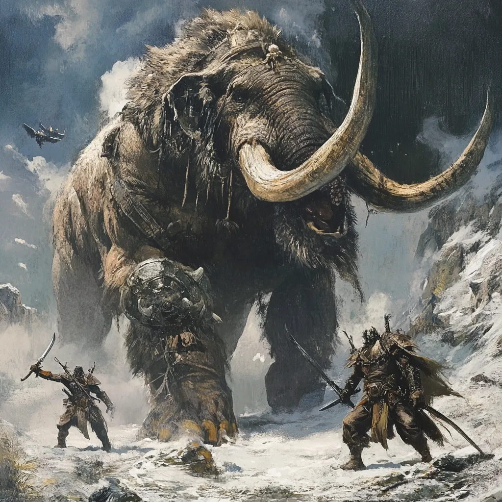 A colossal woolly mammoth, adorned with skull decorations, dominates a snowy, mountainous landscape. Two armed warriors, dwarfed by the beast's immense size, stand defiantly in its shadow.  A small aircraft is visible in the distant sky, adding a fantastical element to the scene. The mammoth's powerful presence and the warriors' brave stance create a dramatic, epic composition.