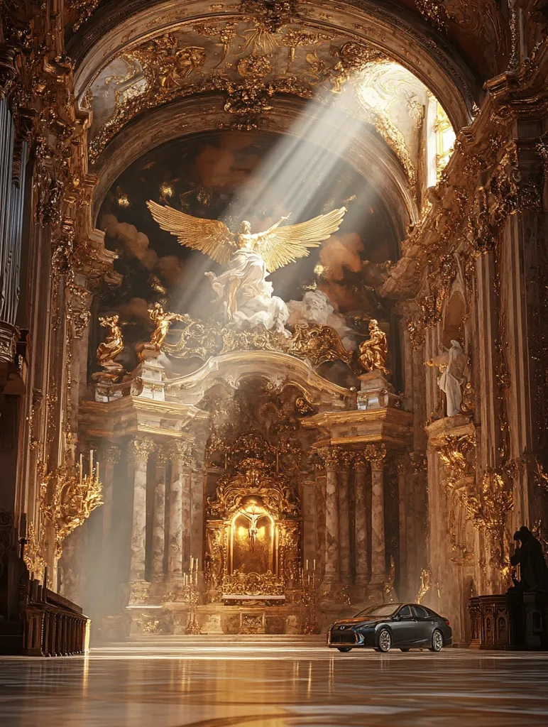 A dark-colored luxury sedan sits in the center of a breathtaking, opulent cathedral.  Sunlight streams through the high arched ceiling, illuminating the gilded altar and statues.  The church's elaborate architecture, with its gold detailing and marble pillars, creates a stunningly rich and dramatic atmosphere.  A winged angel statue dominates the scene above the altar, enhancing the sense of grandeur and spiritual significance.