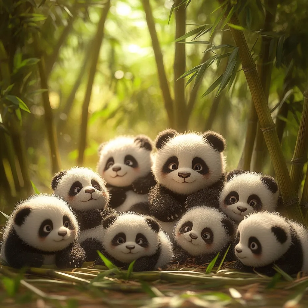 A delightful group of eight baby pandas huddle together amidst a bamboo forest.  Sunlight filters through the lush greenery, illuminating the adorable cubs.  Their fluffy fur and endearing expressions create a heartwarming scene, showcasing the playful innocence of these iconic animals in their natural habitat.  The image is digitally rendered, capturing remarkable detail and a sense of calm.