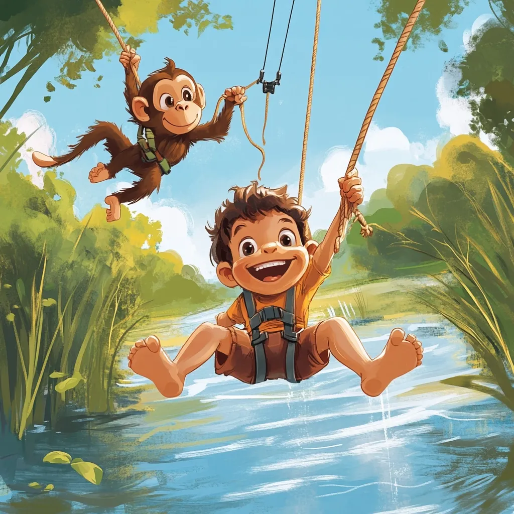 A joyful boy and a playful monkey swing on ropes over a calm river.  Surrounded by lush green foliage under a bright blue sky, they share a thrilling adventure. The boy grins widely, his harness secure, while the monkey clings playfully to its own rope. The scene is vibrant and full of childlike wonder.