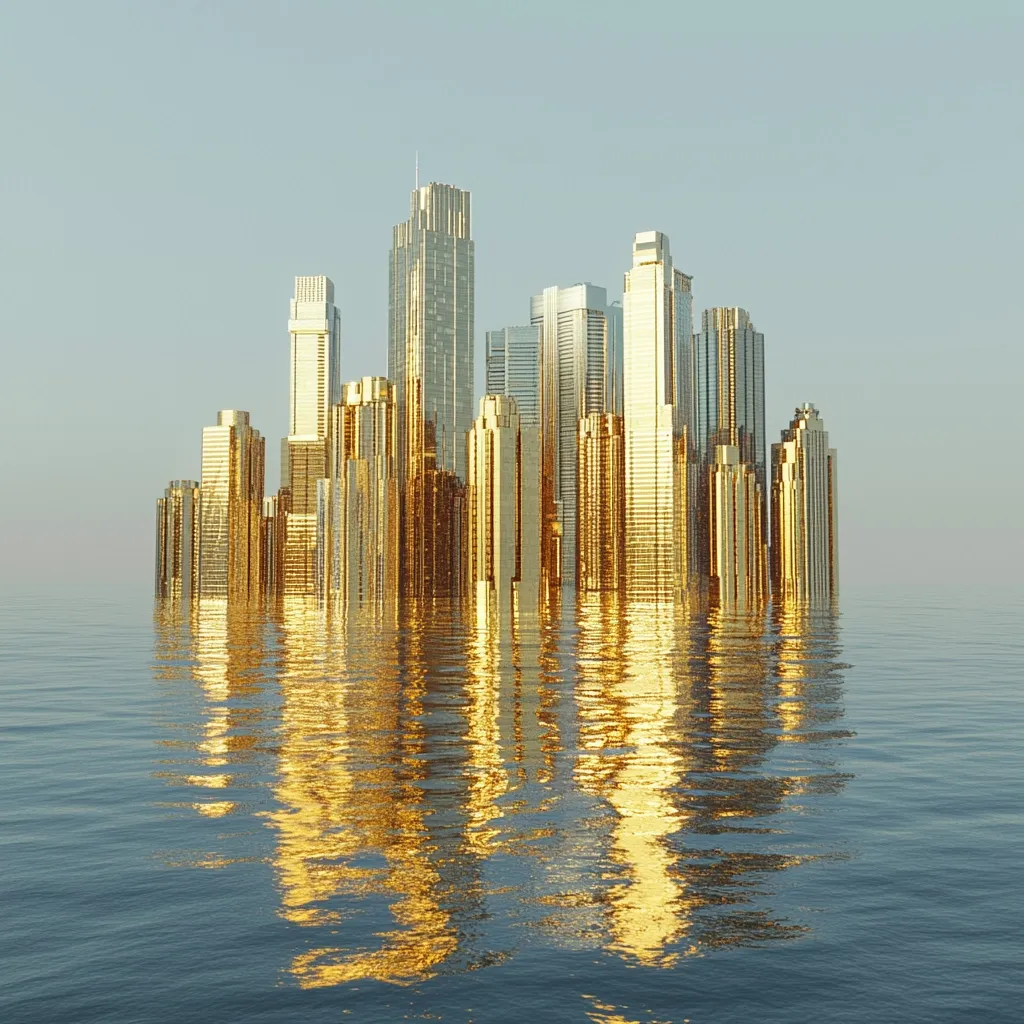 A golden city, composed of numerous skyscrapers, is partially submerged in calm water.  The buildings reflect in the tranquil surface, creating a surreal and opulent scene.  The sky is a pale, muted blue, providing a contrast to the gleaming gold of the city.  The image suggests themes of wealth, vulnerability, and the potential consequences of rising sea levels.