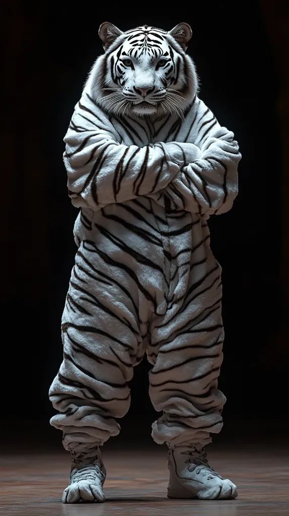 A white tiger's head is seamlessly integrated into a fluffy white and black striped onesie.  The tiger, with arms crossed, stands confidently against a dark backdrop.  It wears white sneakers with oversized paws, completing the humorous and surreal image. The lighting accentuates the texture of the onesie and the tiger's fur.