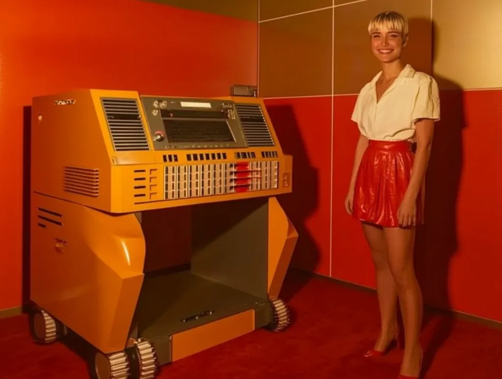 A young woman with short blonde hair stands in a vibrant orange room, next to a large, orange, wheeled electronic device resembling a vintage synthesizer or jukebox. She's dressed in a white short-sleeved shirt and a bright red mini-skirt. The overall aesthetic is retro and futuristic, creating a striking contrast between the woman and the machine in the boldly colored space.