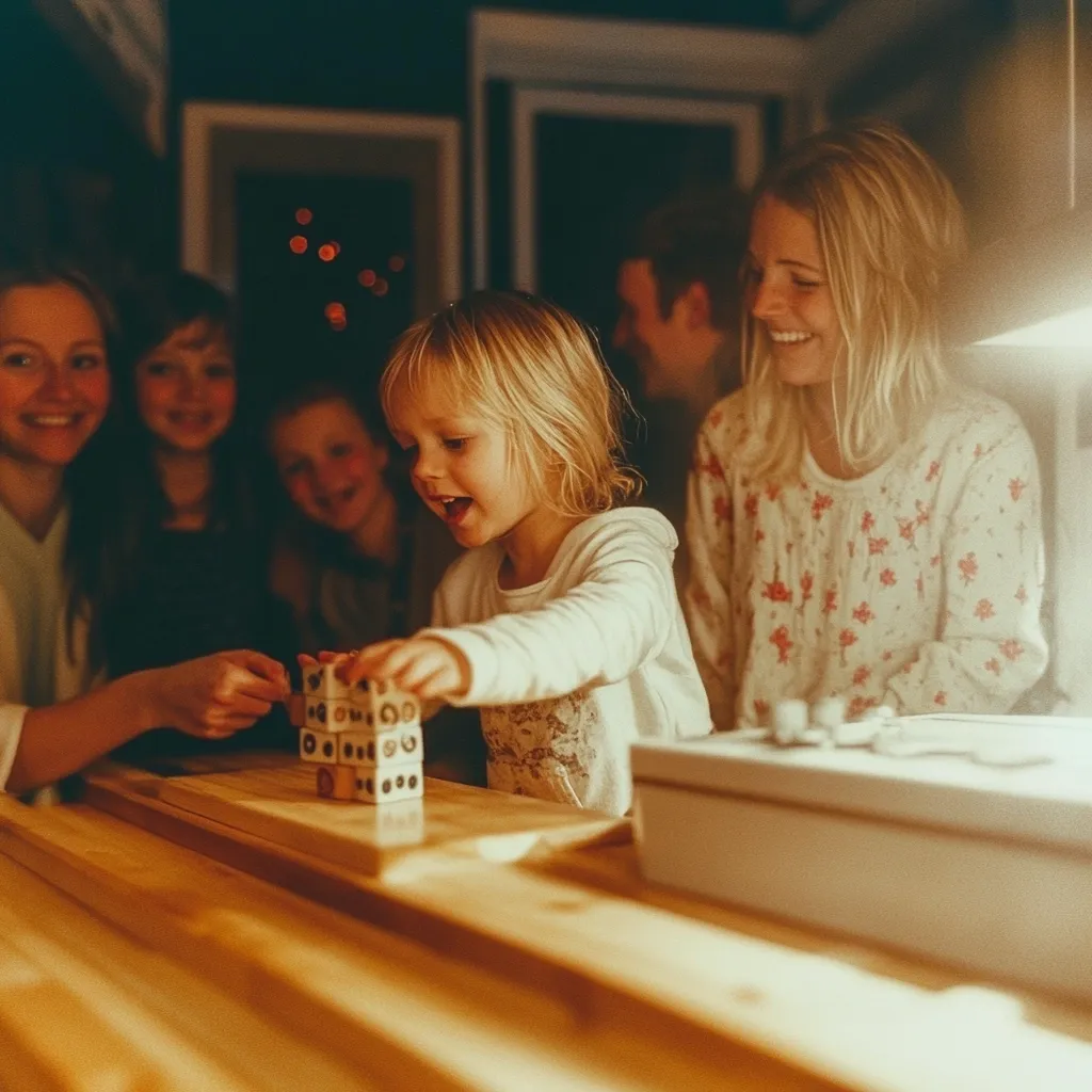 A young girl builds a tower of small wooden blocks while surrounded by family.  Her older sister smiles nearby, while other adults and children look on.  The warm, dimly lit setting suggests an intimate family gathering, possibly in a home.  The focus is on the child's playful concentration as she carefully stacks the blocks on a wooden table.