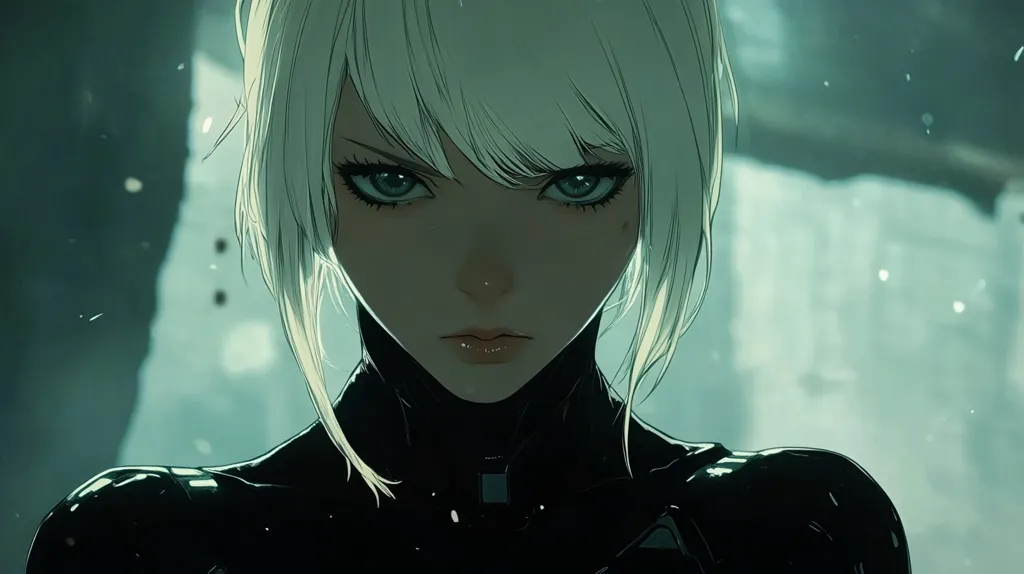 A close-up depicts a stylized female character with short, white hair and intense, grey eyes.  Her expression is serious and slightly defiant. She wears a dark, form-fitting garment suggestive of a futuristic or cyberpunk aesthetic.  The background is blurred and teal, emphasizing the character's sharp features and determined gaze.  The overall style is reminiscent of anime or digital art.
