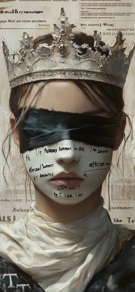 A painting depicts a young woman wearing a tarnished crown and blindfold.  Her face is partially obscured by a white substance, with text scrawled across it and a cream-colored scarf. The background features aged paper with illegible text and writing in a similar style to that on her face. The overall mood is somber and mysterious.