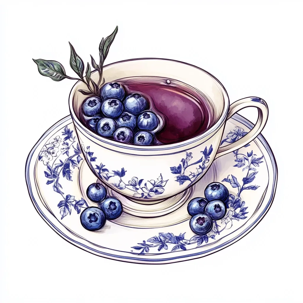 A delicate porcelain teacup and saucer, adorned with a blue floral pattern, are depicted.  The cup is filled with a rich purple blueberry tea, with fresh blueberries both in the tea and scattered on the saucer.  A sprig of blueberry leaves adds a touch of freshness to the illustration, creating a charming and inviting image.