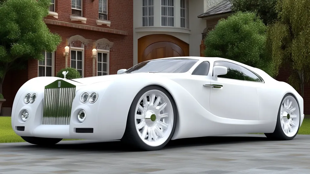 A pristine white Rolls-Royce-inspired concept car is parked in front of a luxurious brick house.  The sleek, modern design contrasts with the classic Rolls-Royce grille. Large, white wheels and a smooth, sculpted body are highlighted against the lush green landscaping. The overall impression is one of elegance and opulence.