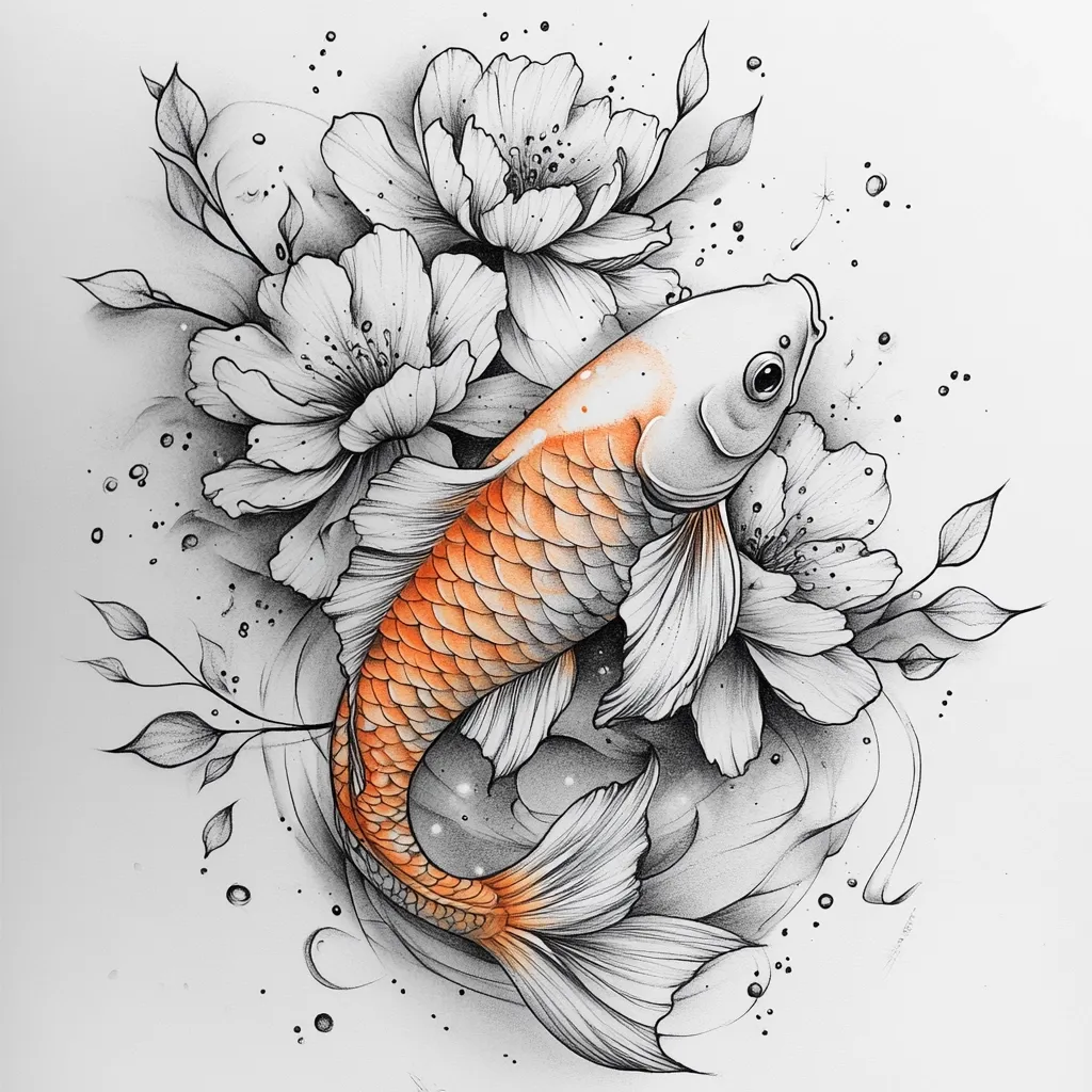 A detailed pencil sketch depicts an orange koi fish swimming amidst delicate, grayscale blossoms.  The fish's scales are rendered with shading to create a sense of depth and texture, contrasting with the intricately drawn flowers and leaves.  Small circles suggest bubbles in the water, adding to the overall ethereal and artistic quality of the piece. The style is reminiscent of tattoo art.