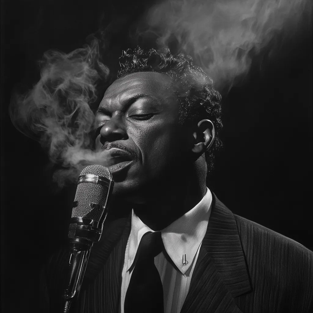 A black and white, close-up shot captures a man in a suit, his eyes closed, singing into a microphone.  Smoke curls around his face, adding a dramatic, smoky atmosphere. The image is moody and evocative, suggesting a soulful performance.  His expression is intense and focused, conveying emotion through his posture and facial features. The contrast between light and shadow enhances the dramatic effect.
