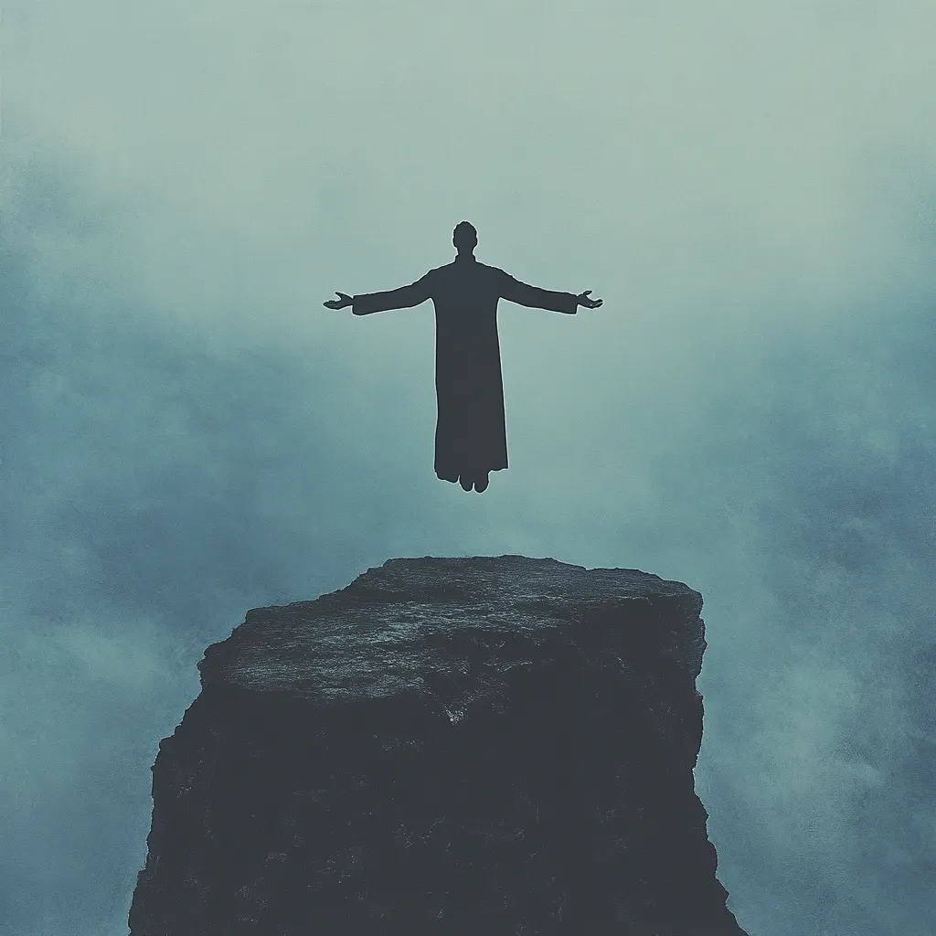 A figure, cloaked and silhouetted, levitates above a dark, imposing cliff face.  Arms outstretched, the figure seems to defy gravity against a muted, misty sky. The scene evokes a sense of mystery, transcendence, or perhaps even a religious connotation. The overall mood is somber and atmospheric.