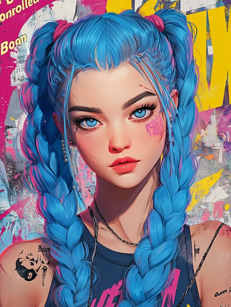 A stylized portrait of a young woman with vibrant blue braided pigtails.  Her face is delicately rendered, showcasing striking blue eyes and subtle facial markings.  She wears a dark top and a necklace, and small tattoos are visible on her shoulders.  The background is a collage of graffiti-style textures in bold pinks, yellows, and grays. The overall style is anime-influenced digital art.