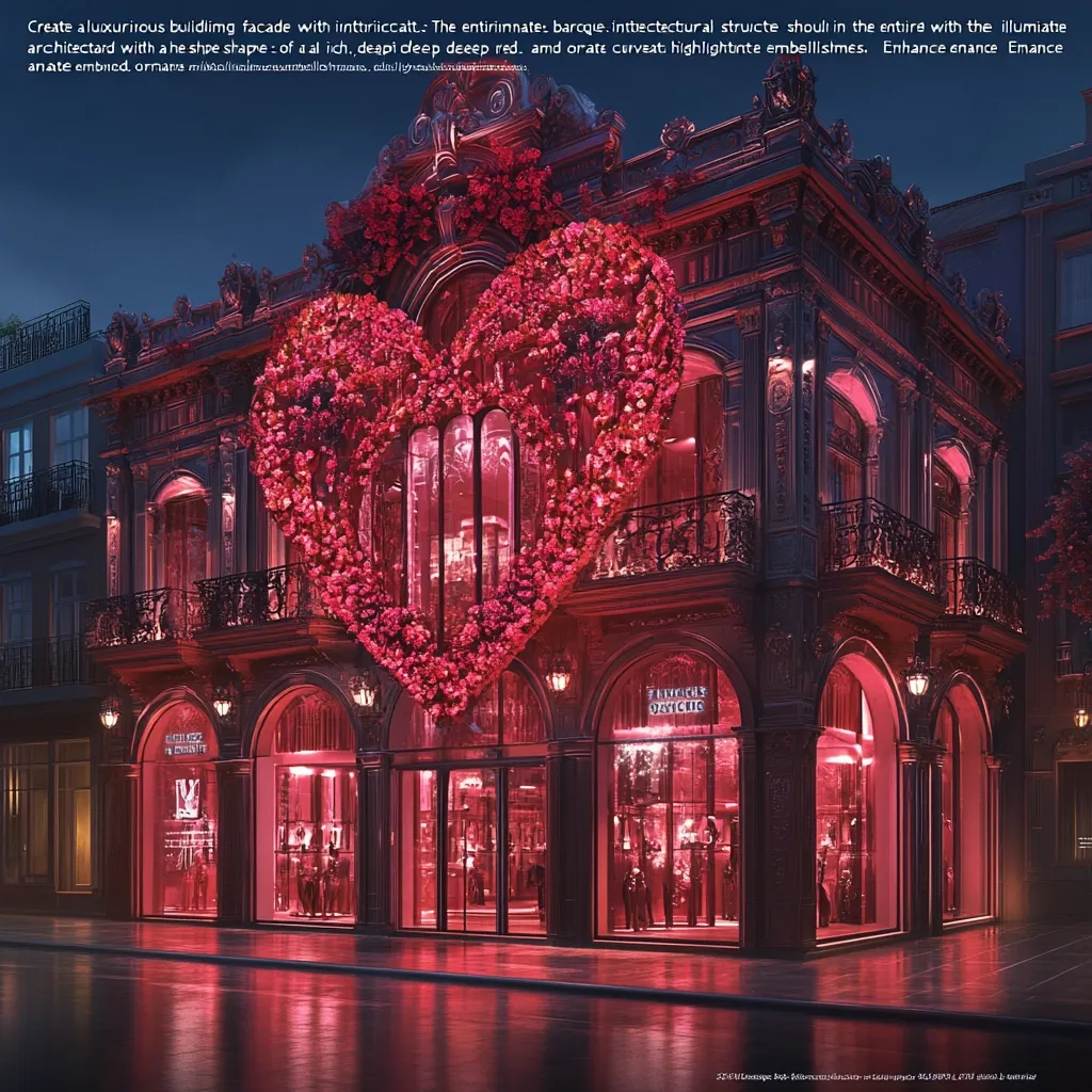 A luxurious building facade is adorned with an intricate, baroque architectural structure, illuminated in deep red.  A large, heart-shaped floral display made of red flowers is prominently featured.  Ornate, curving highlights and embellishments enhance the building's elaborate design, creating a romantic and opulent atmosphere.  The building's windows are brightly lit, showcasing the interior.