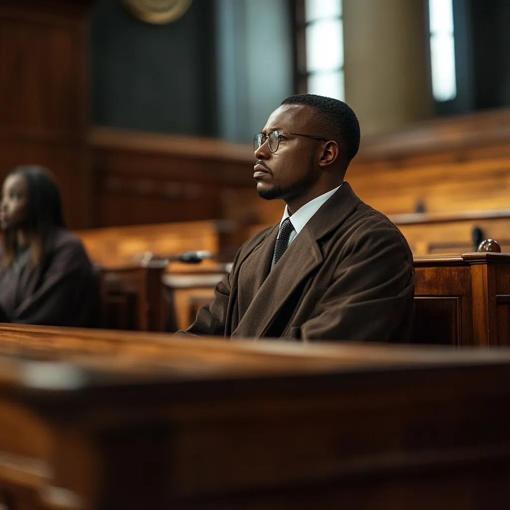 A man in glasses and a brown overcoat sits attentively in a courtroom.  He is dressed in formal attire, including a collared shirt and tie. Another person, partially visible, sits nearby. The setting is a traditional wooden courtroom with high-backed pews. The atmosphere is serious and contemplative. The focus is on the man, suggesting a moment of importance within legal proceedings.